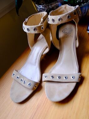 Vince Camuto Beige Suede Studded Ankle-Strap Heels Size 10